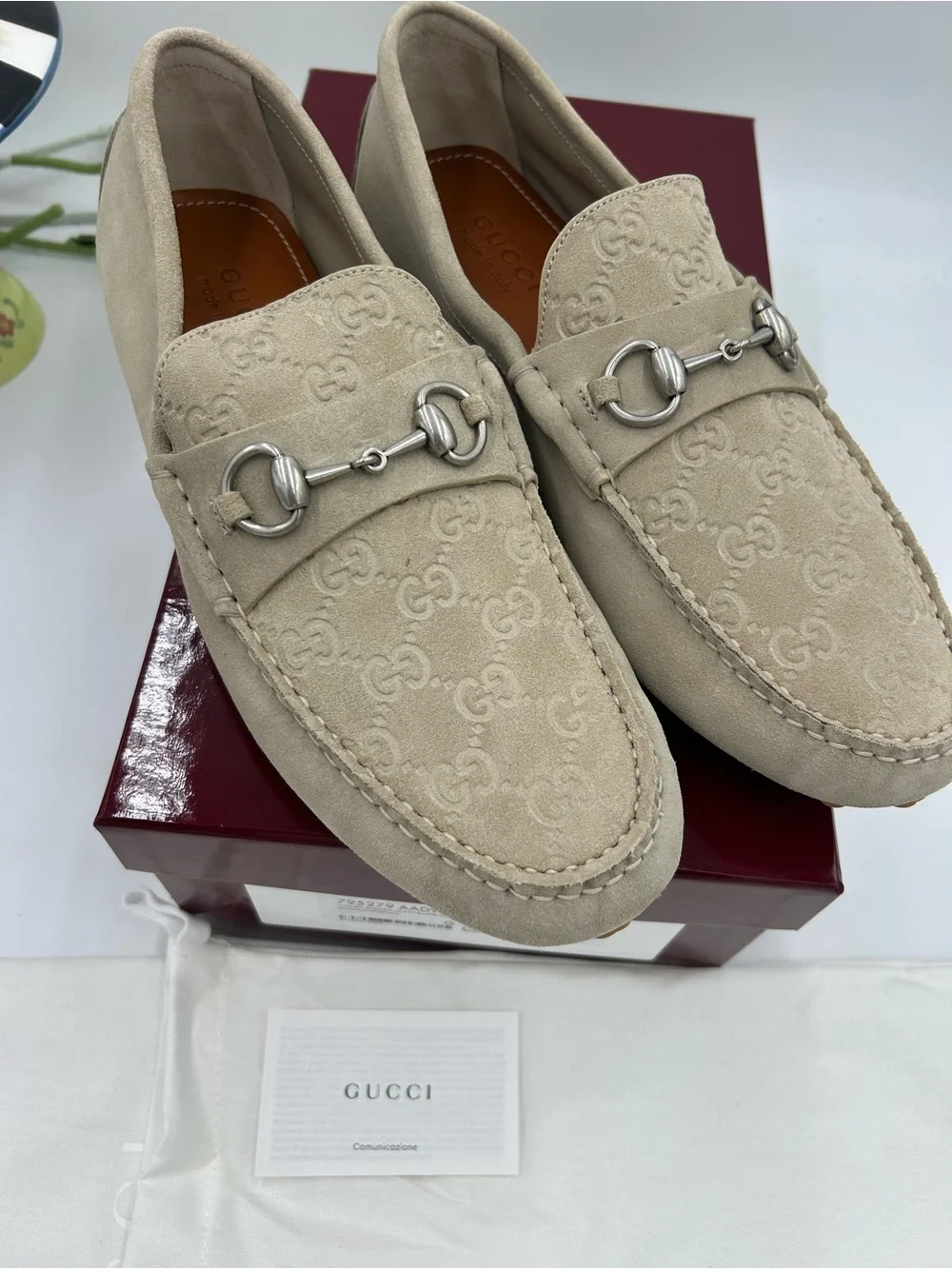 Men's Gucci GG embossed oatmeal suede driver loafers size 11 fits 12 US